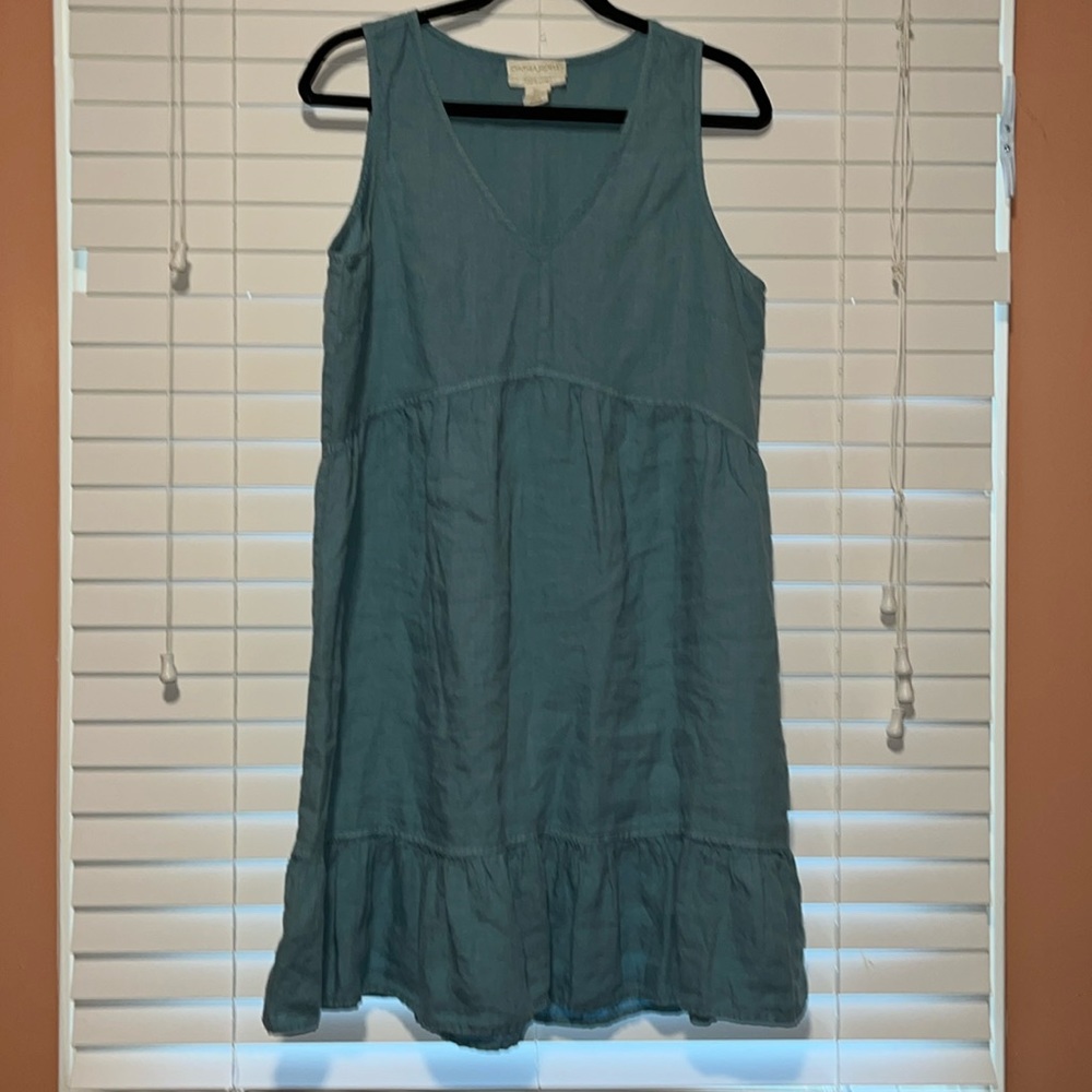Cynthia Rowley Blue 100% Linen V-NeckLine Tiered Ruffle Mini Dress